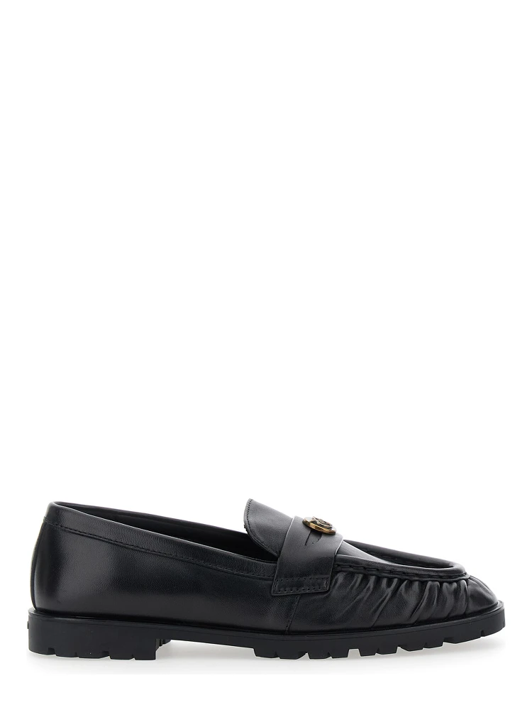 Black Loafers with Metallic Logo on the Front in Crumpled Leather Woman
