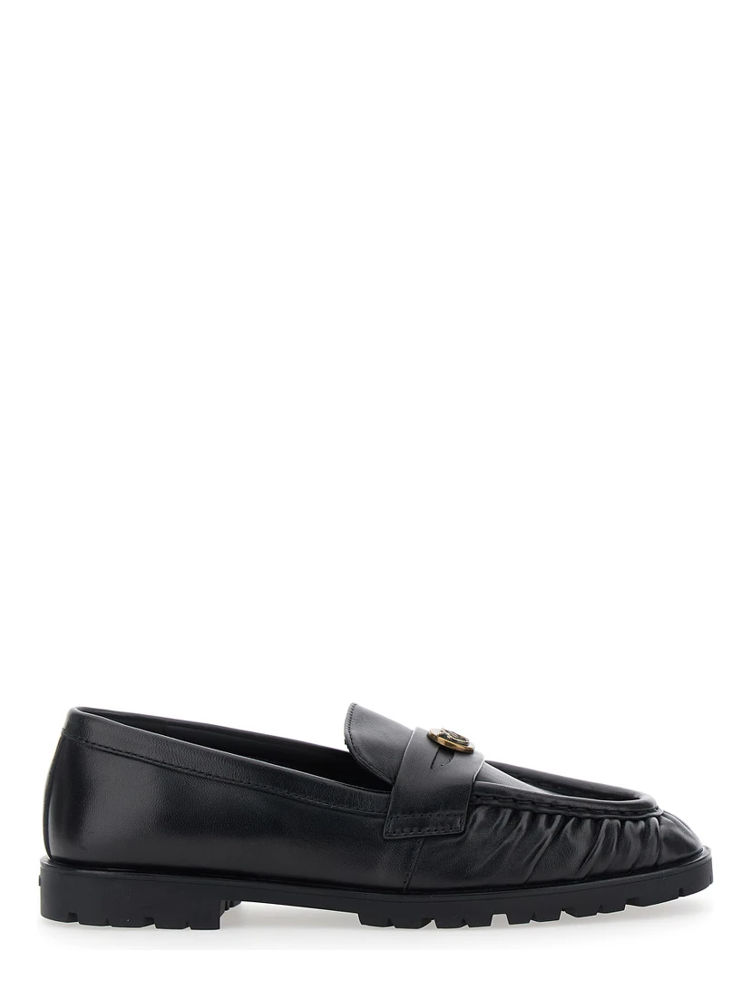 Black Loafers with Metallic Logo on the Front in Crumpled Leather Woman