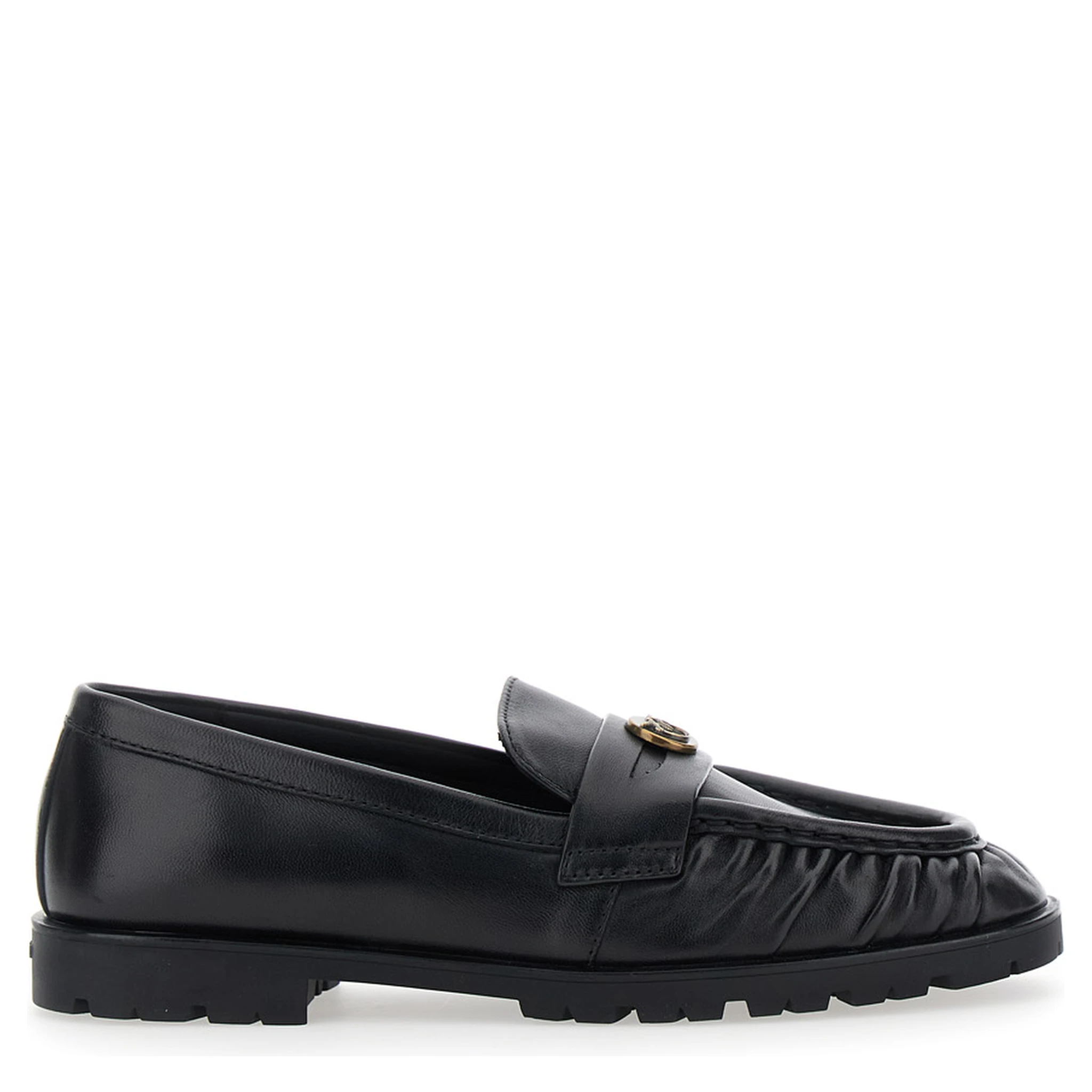 Black Loafers with Metallic Logo on the Front in Crumpled Leather Woman