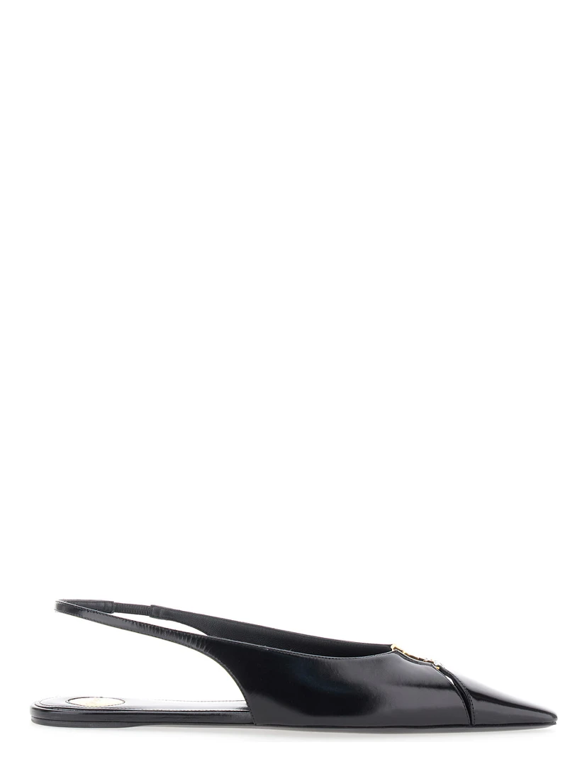 Babylone Black Slingback Ballet Shoes with Cassandre Plaque and Elastic Slingback Strap in Leather Woman