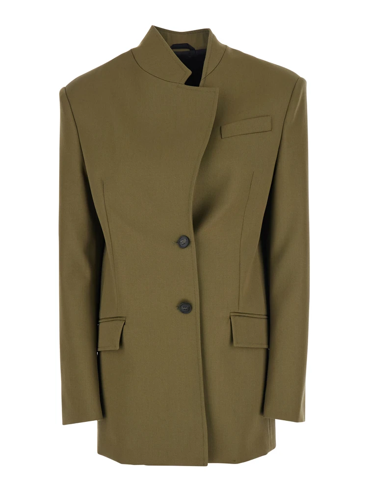 Green Jacket with Asymmetric Closure on the Front in Wool Woman