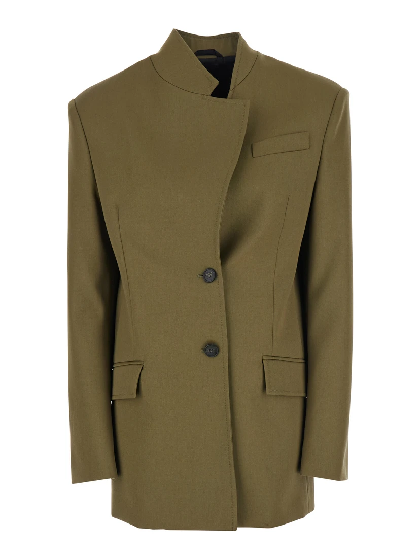 Green Jacket with Asymmetric Closure on the Front in Wool Woman