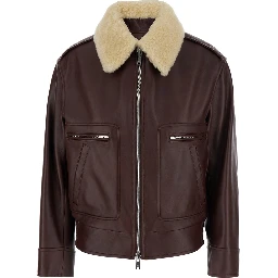 Brown Shearling Coat with Removable Fur Collar and Front Zip Closure in Leather Woman