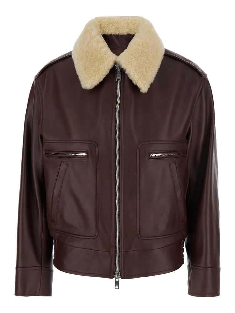 Brown Shearling Coat with Removable Fur Collar and Front Zip Closure in Leather Woman