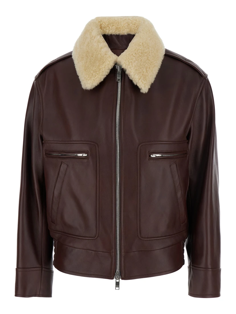 Brown Shearling Coat with Removable Fur Collar and Front Zip Closure in Leather Woman