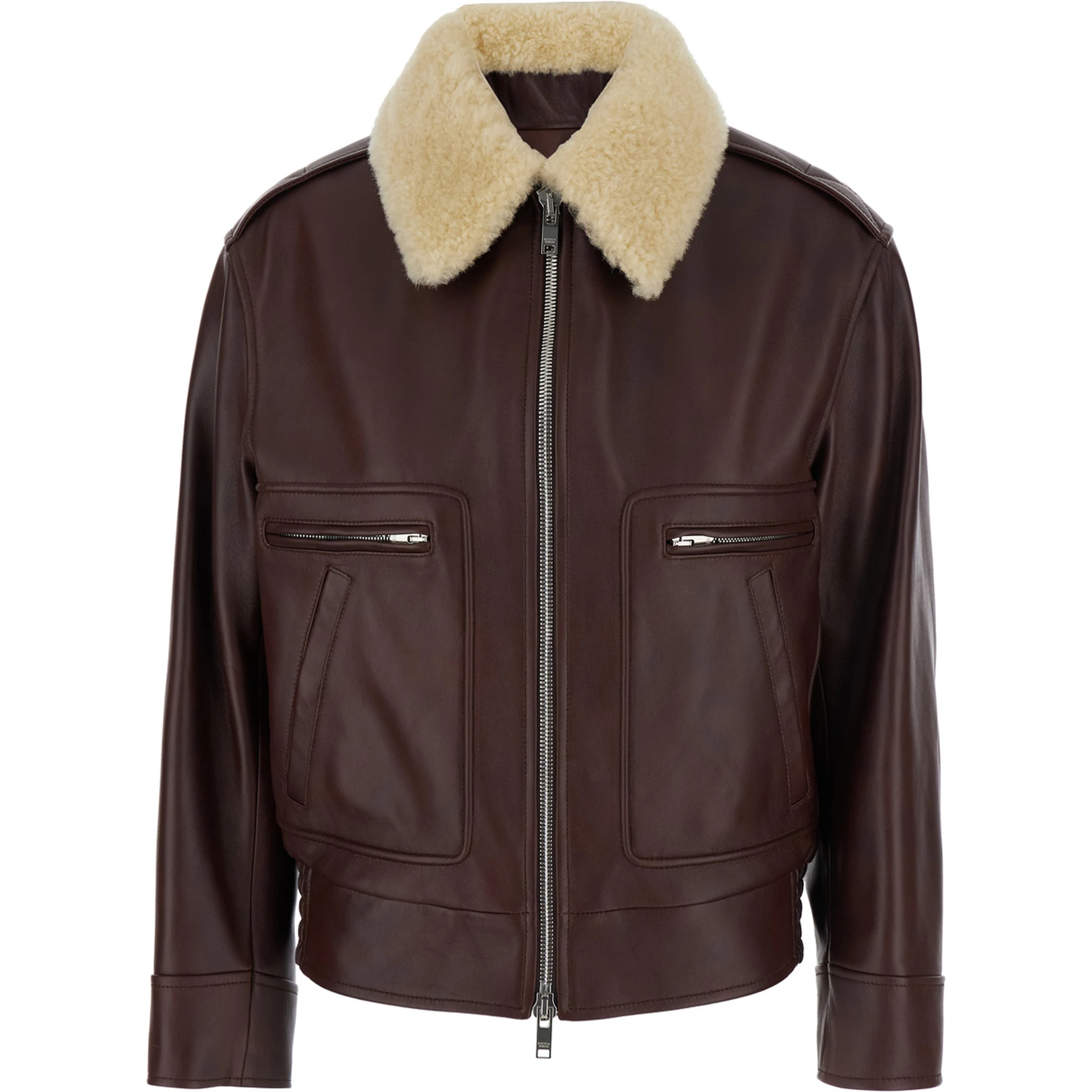 Brown Shearling Coat with Removable Fur Collar and Front Zip Closure in Leather Woman