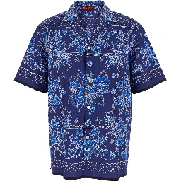 قميص بولينغ أزرق بياقة كوبية وطبعة زهور كاملة من القطن للرجال