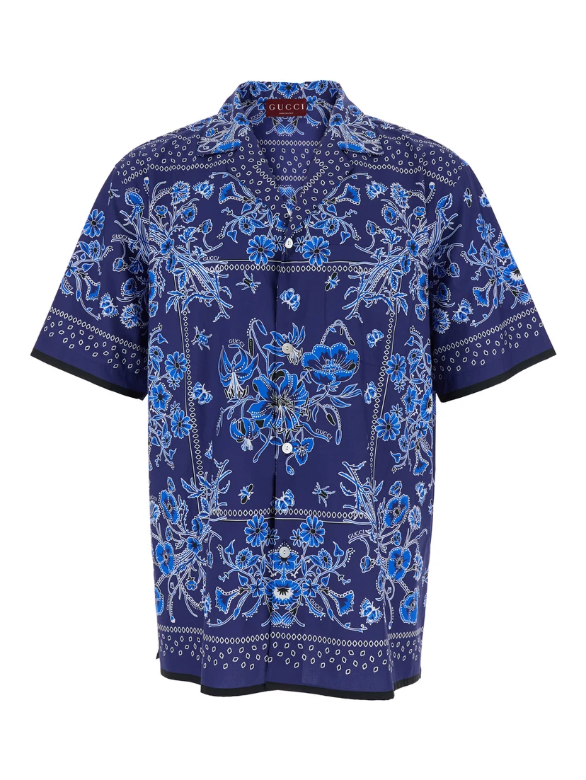 قميص بولينغ أزرق بياقة كوبية وطبعة زهور كاملة من القطن للرجال