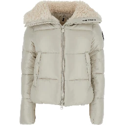 Moma Beige Down Jacket with Fur Collar and Logo on the Sleeve in Tech Fabric Woman
