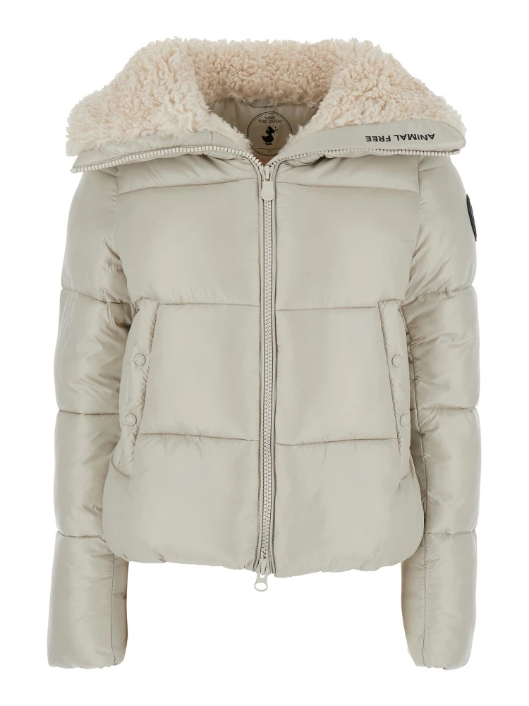 Moma Beige Down Jacket with Fur Collar and Logo on the Sleeve in Tech Fabric Woman