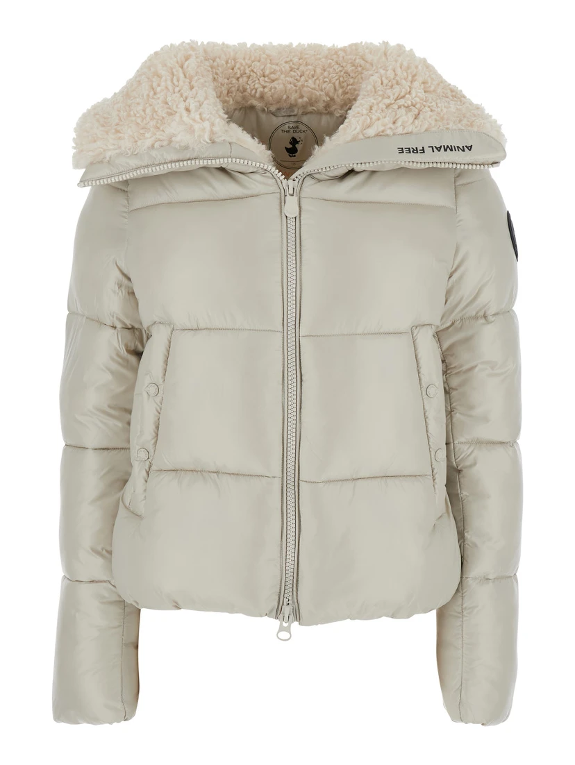 Moma Beige Down Jacket with Fur Collar and Logo on the Sleeve in Tech Fabric Woman