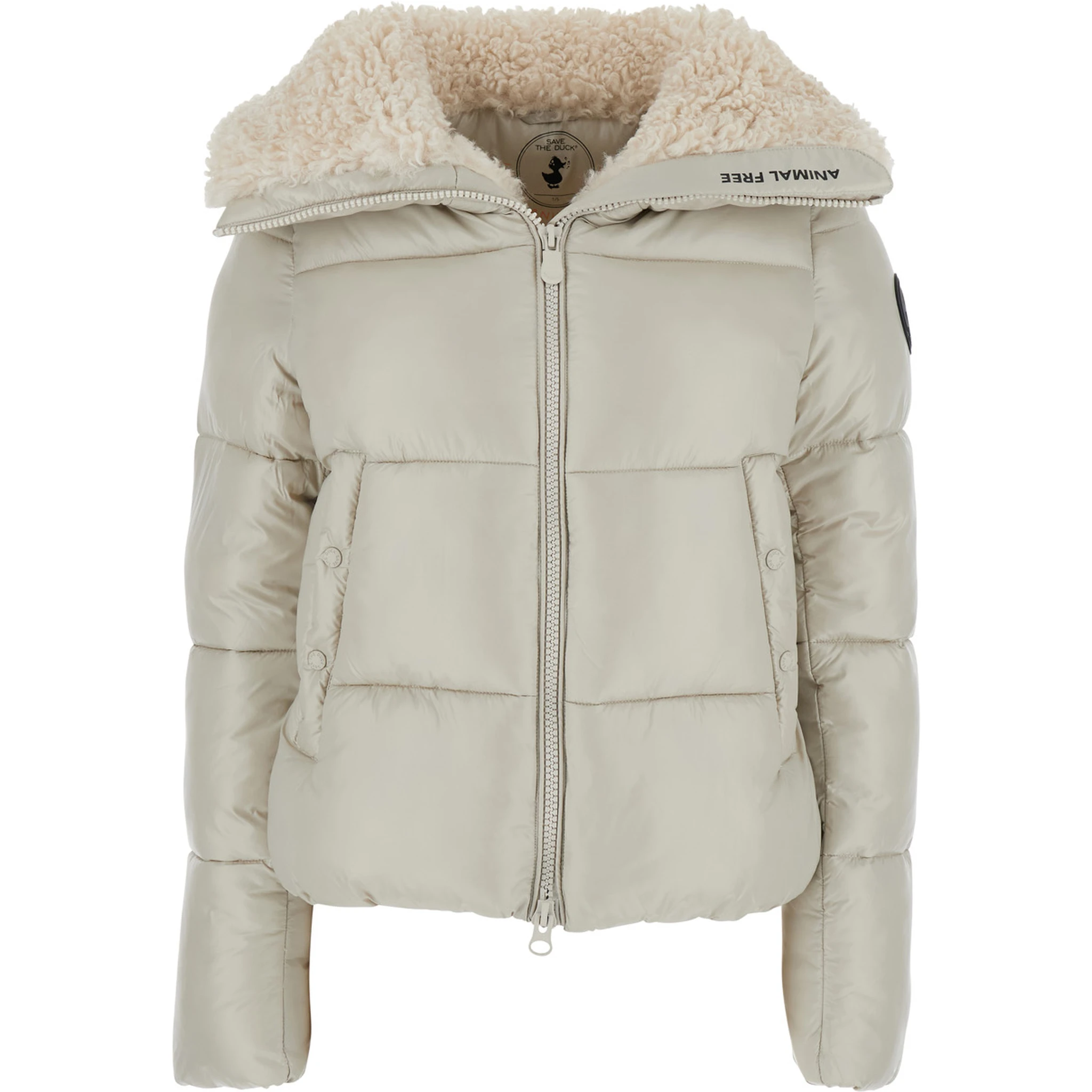 Moma Beige Down Jacket with Fur Collar and Logo on the Sleeve in Tech Fabric Woman