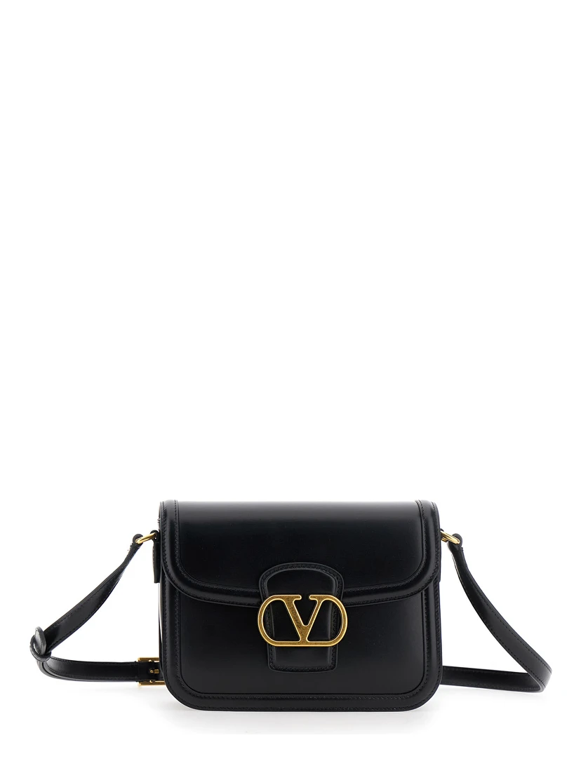 9TO5 Black Crossbody Bag with VLogo Detail on the Front and Adjustable Shoulder Strap in Leather Woman