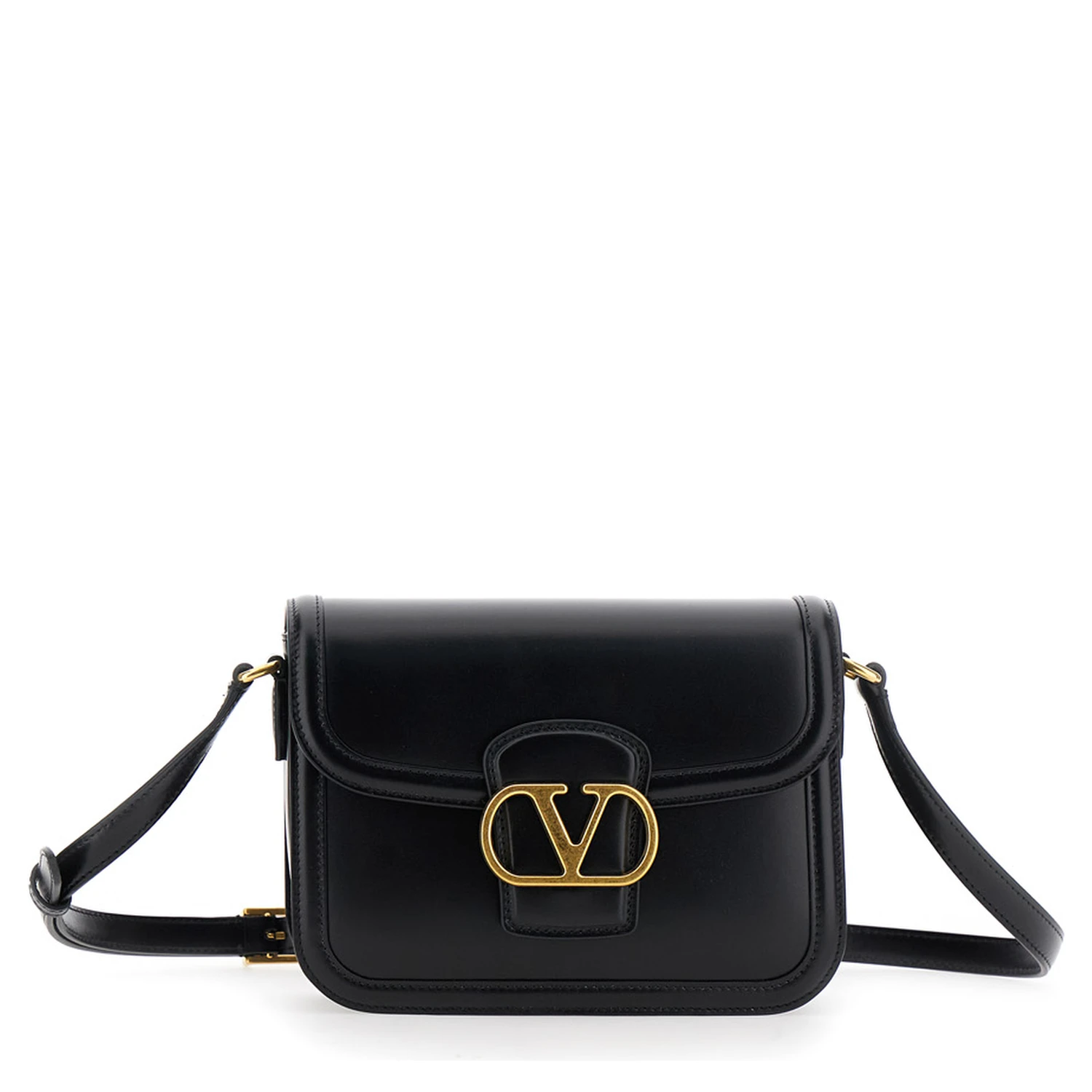 9TO5 Black Crossbody Bag with VLogo Detail on the Front and Adjustable Shoulder Strap in Leather Woman