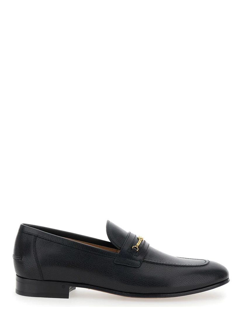 Black Loafers with Decorative VLogo Chain-Link Strap in Leather Man