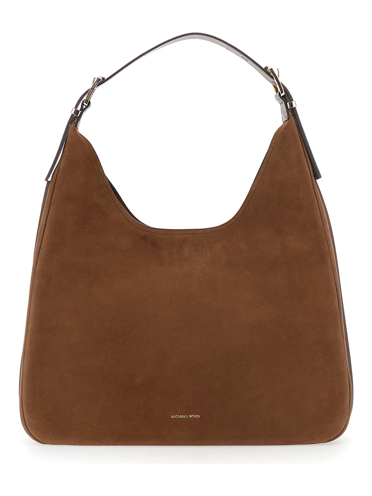 حقيبة كتف بنية اللون مزينة بشعار العلامة التجارية في الأمام، مصنوعة من الجلد، للنساء