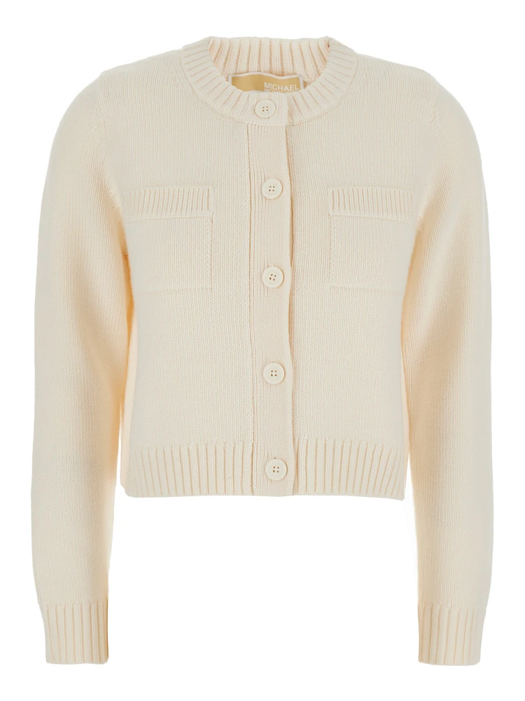 White Crewneck Cardigan with Ribbed Trims in Wool Woman