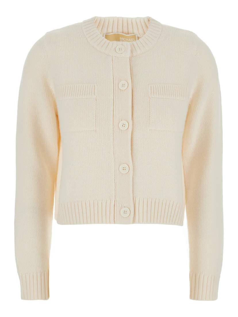 White Crewneck Cardigan with Ribbed Trims in Wool Woman