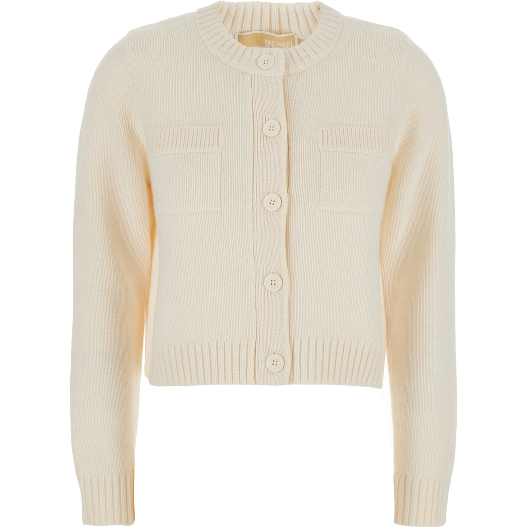 White Crewneck Cardigan with Ribbed Trims in Wool Woman