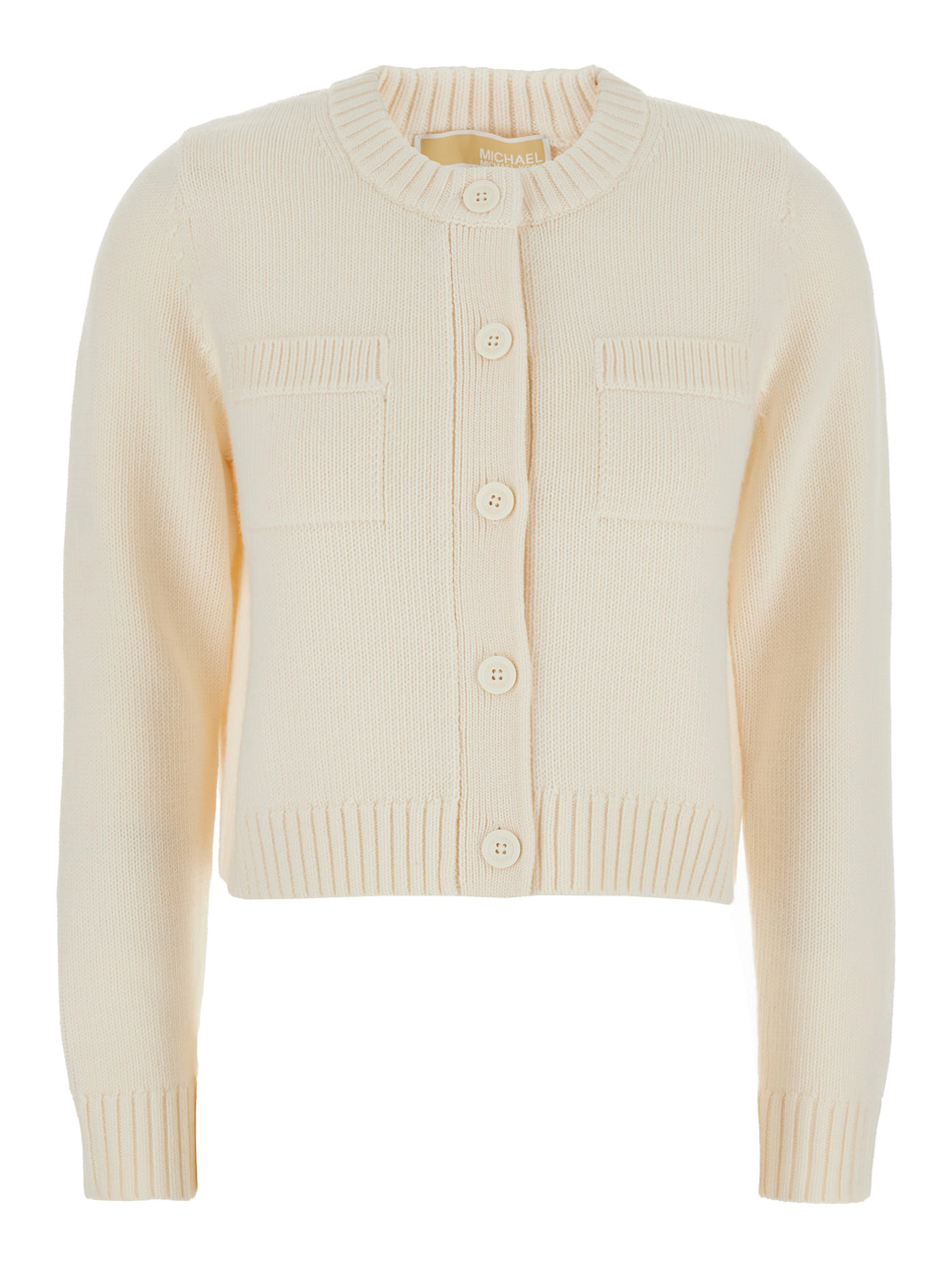 White Crewneck Cardigan with Ribbed Trims in Wool Woman
