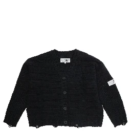 Black Cardigan with V Neck and Logo Patch on the Front in Wool Blend Boy