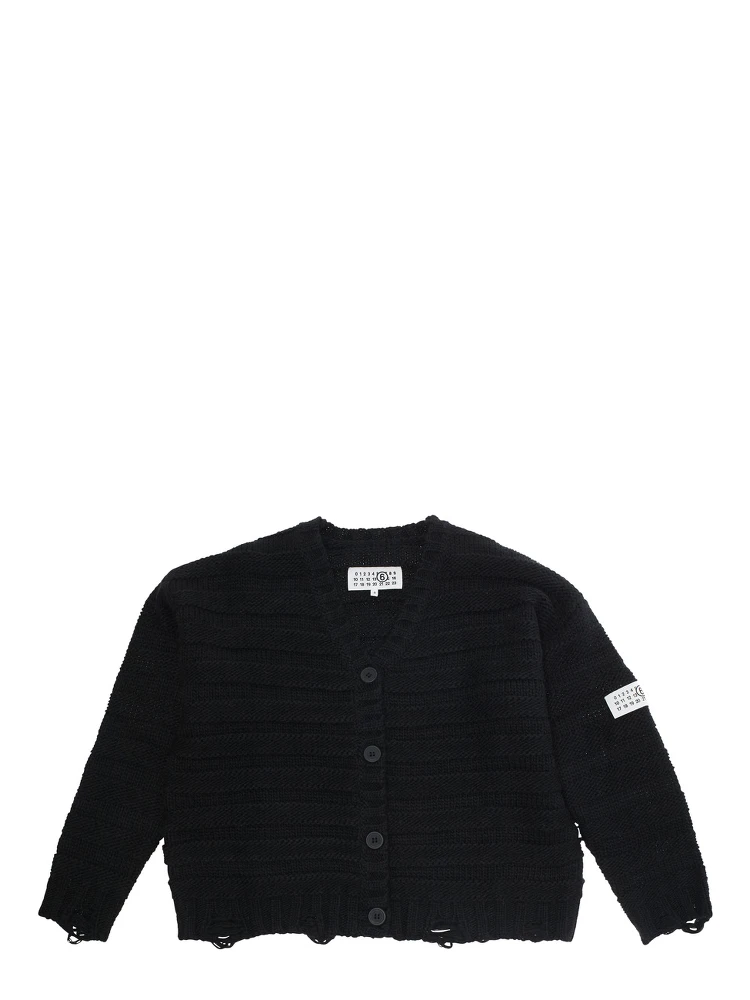 Black Cardigan with V Neck and Logo Patch on the Front in Wool Blend Boy