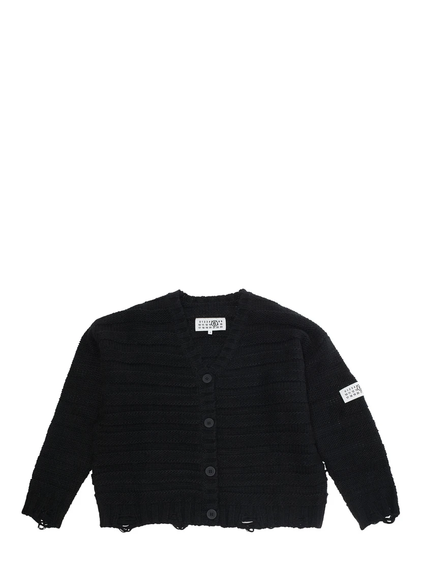 Black Cardigan with V Neck and Logo Patch on the Front in Wool Blend Boy