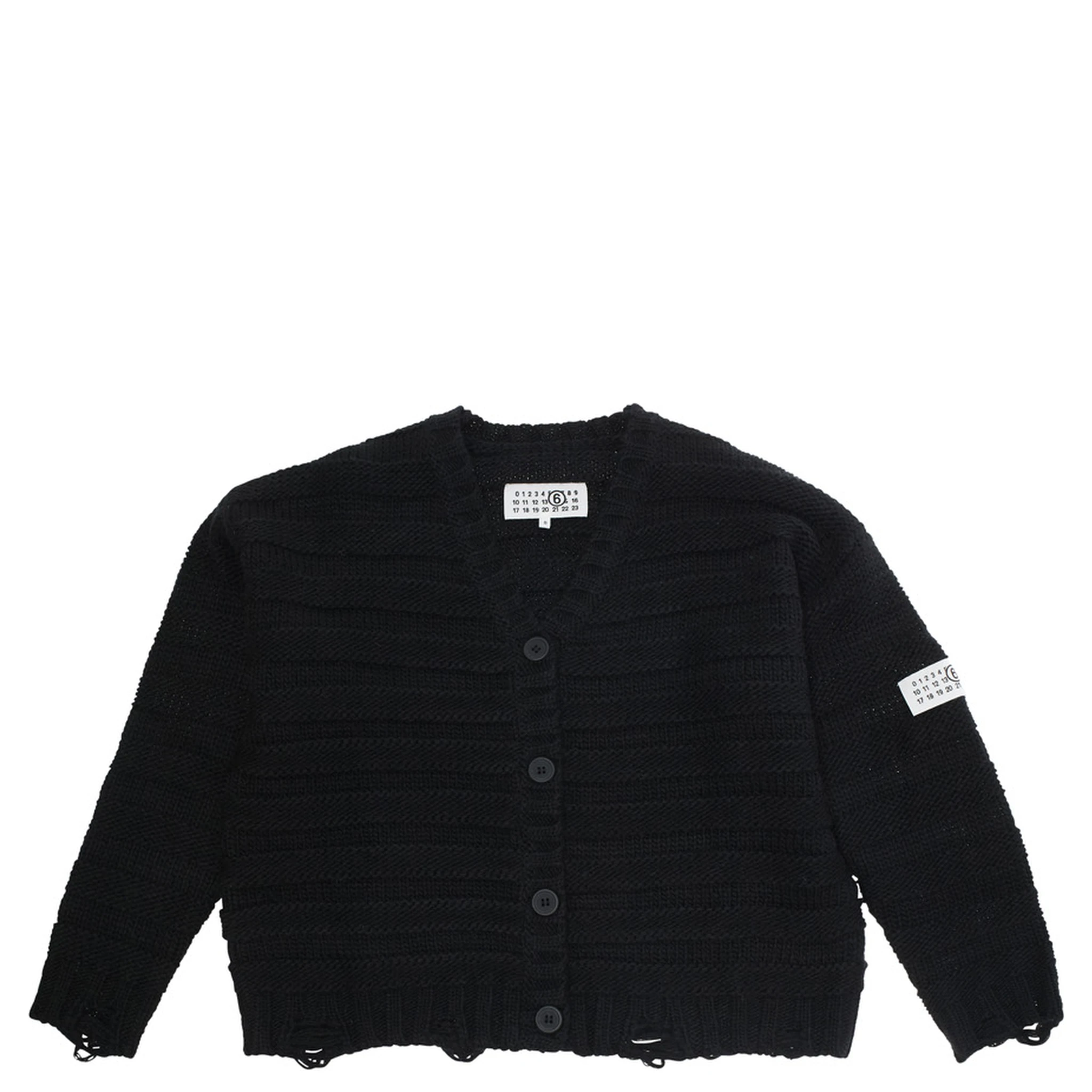 Black Cardigan with V Neck and Logo Patch on the Front in Wool Blend Boy