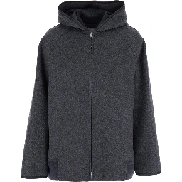 Grey Reversible Coat with Leather Details and Fixed Hood in Wool Woman
