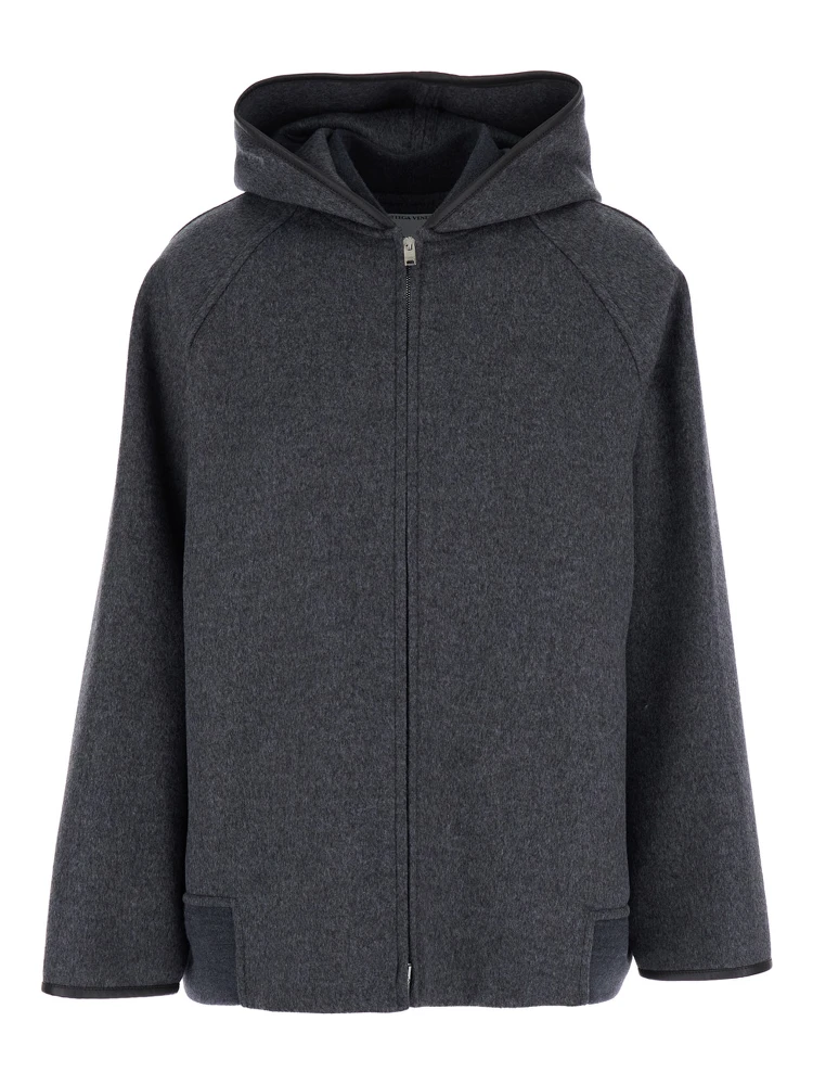 Grey Reversible Coat with Leather Details and Fixed Hood in Wool Woman