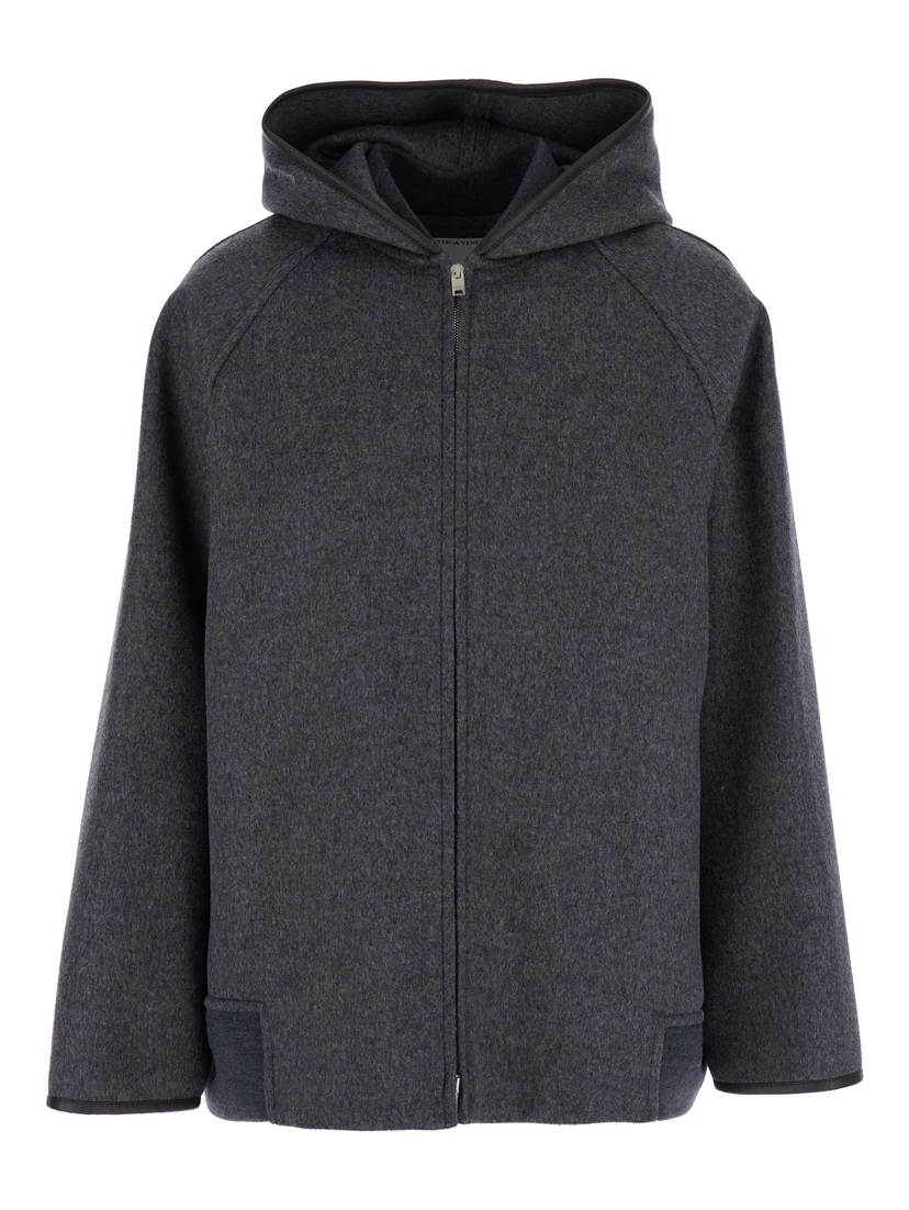 Grey Reversible Coat with Leather Details and Fixed Hood in Wool Woman