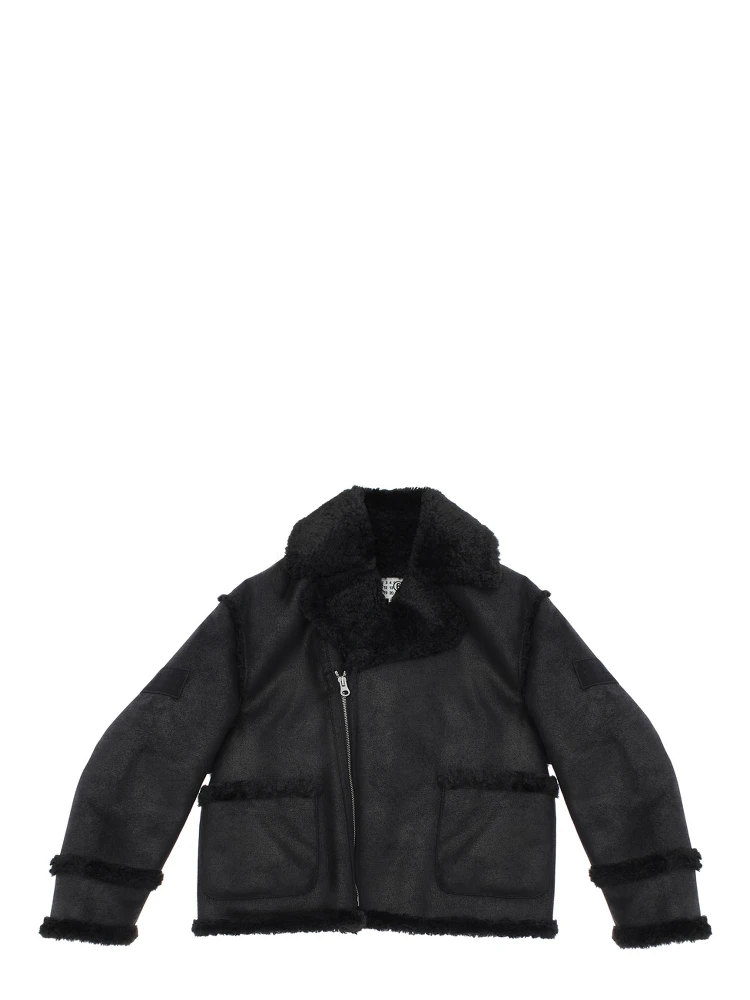 Black Jacket with Ecofur Collar and Logo Patch on the Sleeve in Tech Fabric Girl