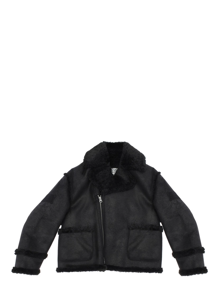 Black Jacket with Ecofur Collar and Logo Patch on the Sleeve in Tech Fabric Girl