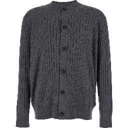 Grey Crewneck Cardigan with Front Button Closure and Ribbed Knit in Wool Man