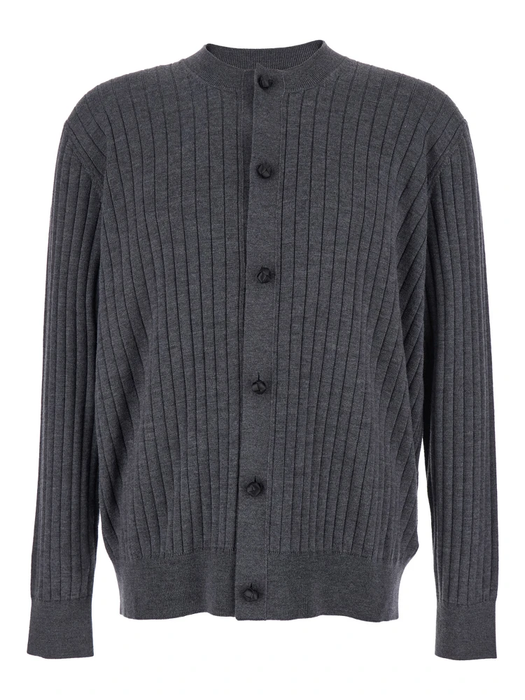 Grey Crewneck Cardigan with Front Button Closure and Ribbed Knit in Wool Man