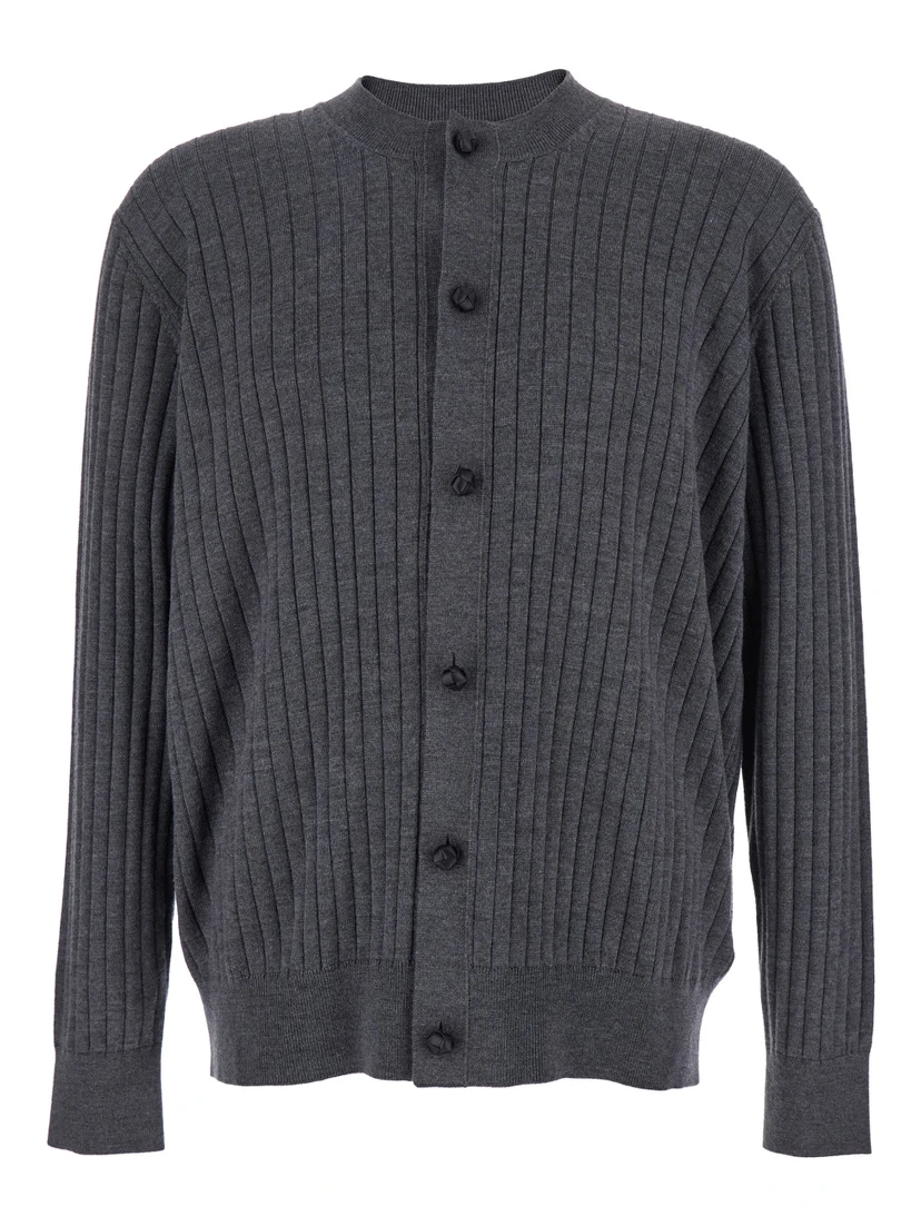 Grey Crewneck Cardigan with Front Button Closure and Ribbed Knit in Wool Man