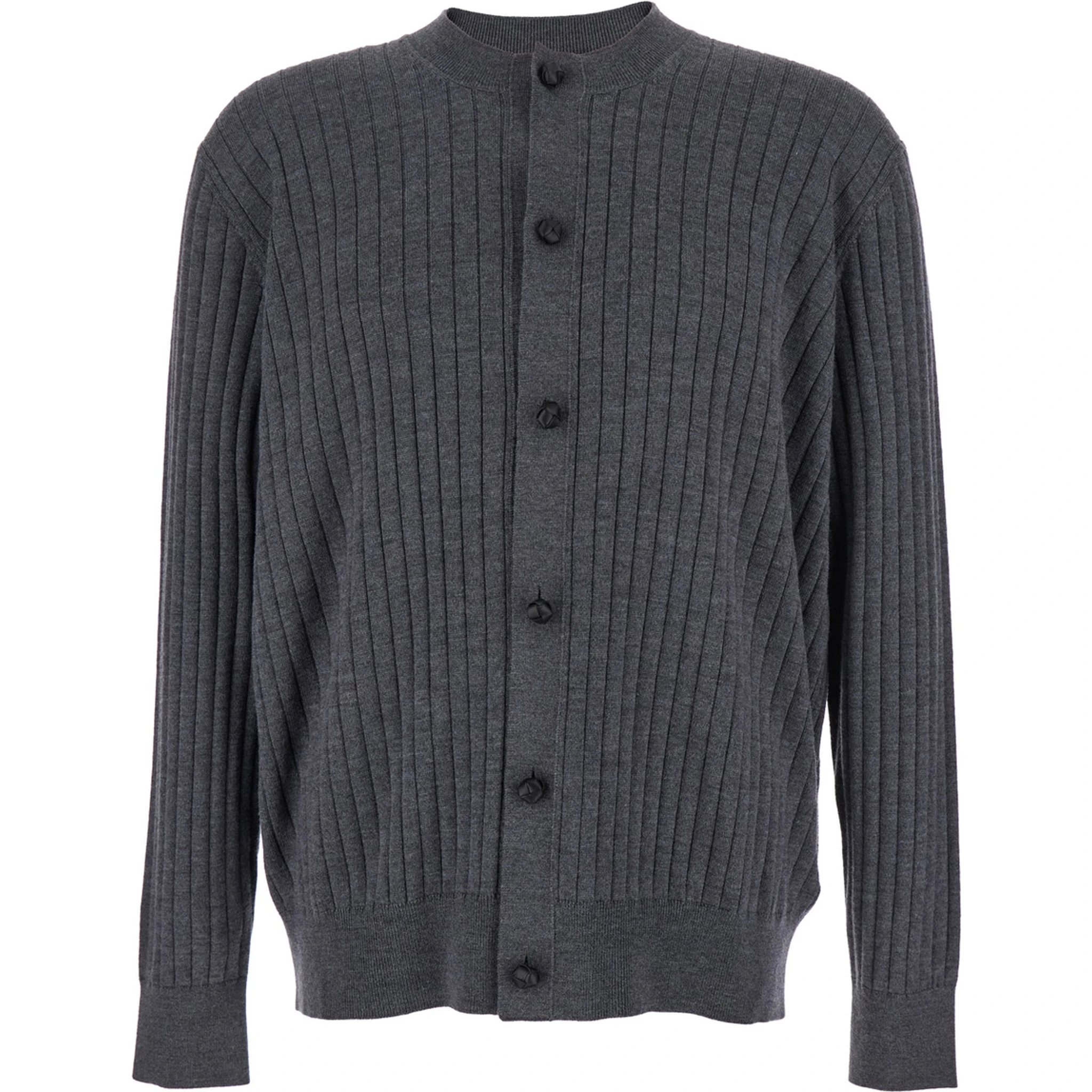Grey Crewneck Cardigan with Front Button Closure and Ribbed Knit in Wool Man