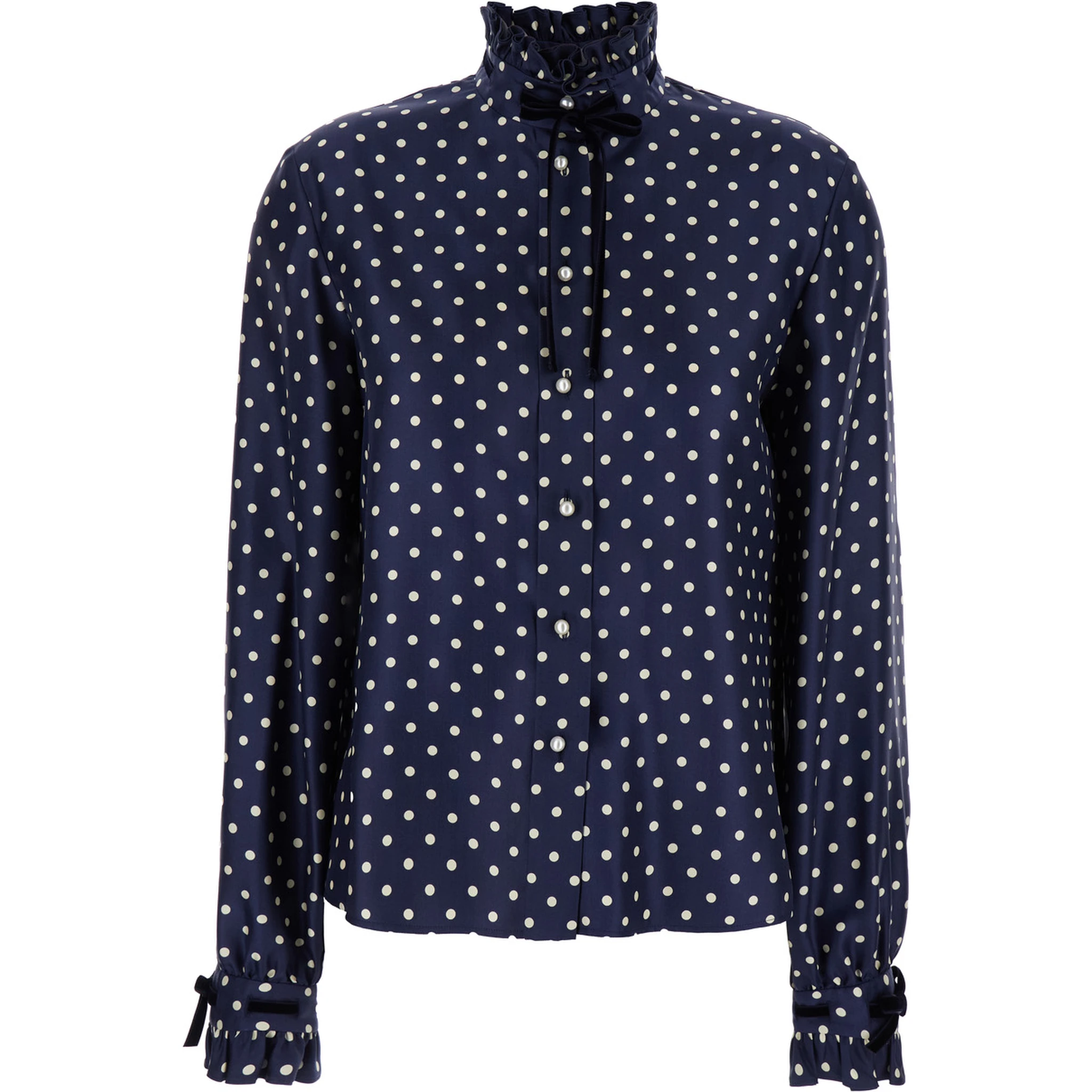 Blue Shirt with Bow Embellishment and All-Over Plus de Pois Motif in Silk Woman