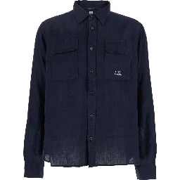 Blue Shirt with Lettering Logo Printed on the Front in Linen Man