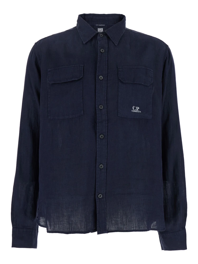Blue Shirt with Lettering Logo Printed on the Front in Linen Man