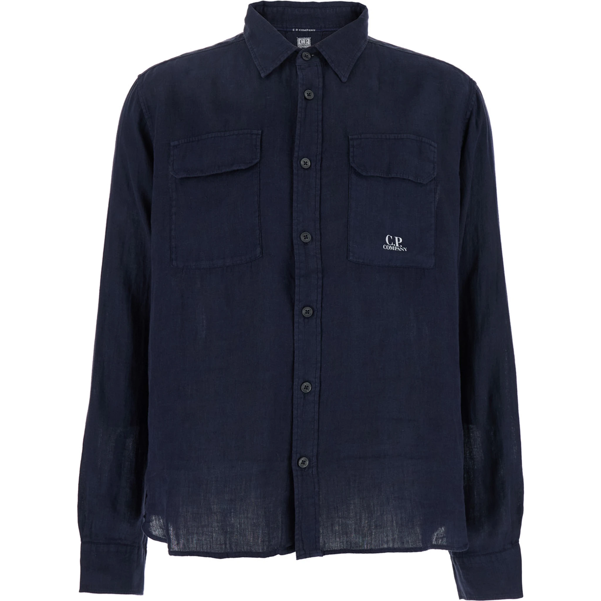 Blue Shirt with Lettering Logo Printed on the Front in Linen Man