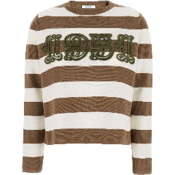 Viterbo Beige Crewneck Sweater with Embroidery on the Front and All-Over Striped Motif in Wool Woman