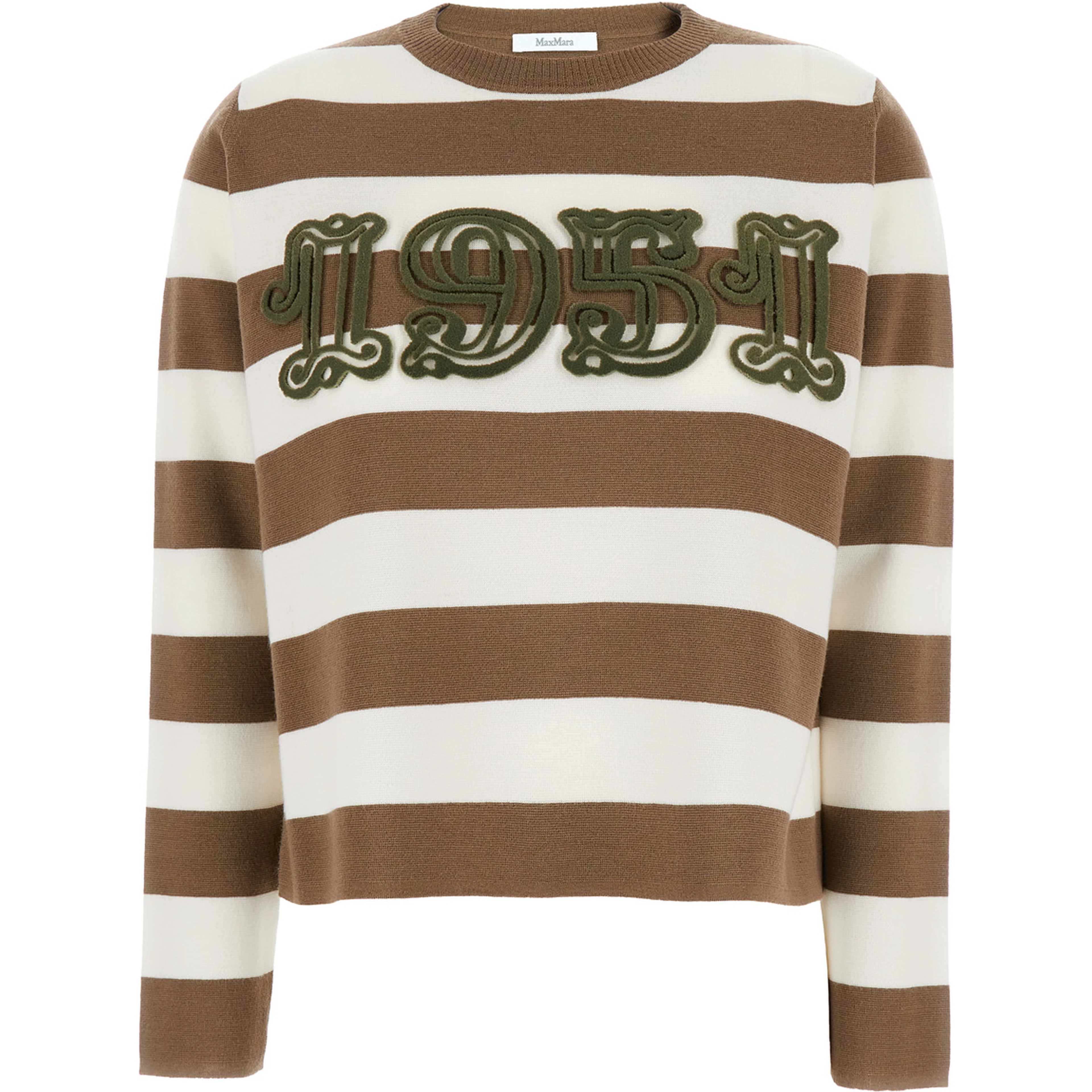 Viterbo Beige Crewneck Sweater with Embroidery on the Front and All-Over Striped Motif in Wool Woman
