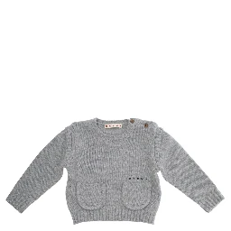 Grey Crew Neck Sweater with Logo Lettering on the Front in Wool Blend Baby