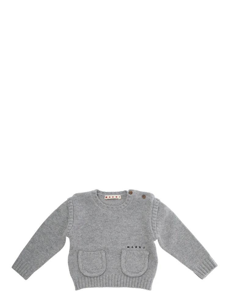 Grey Crew Neck Sweater with Logo Lettering on the Front in Wool Blend Baby