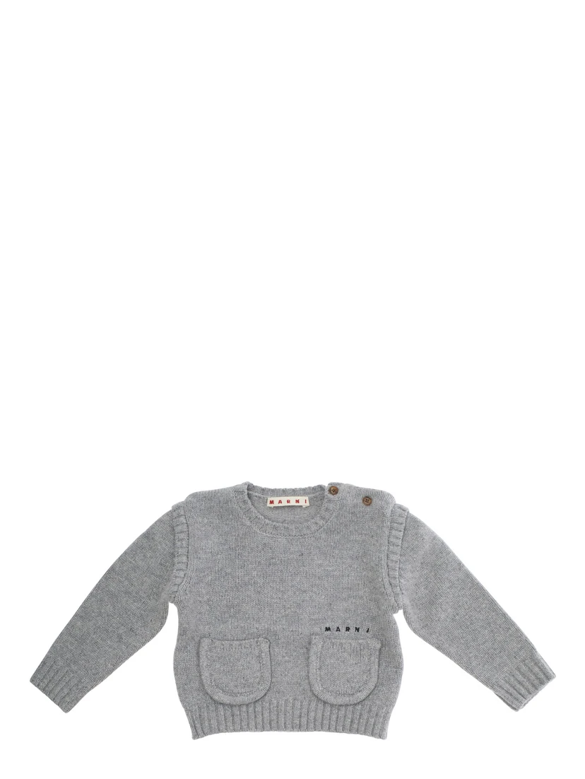 Grey Crew Neck Sweater with Logo Lettering on the Front in Wool Blend Baby