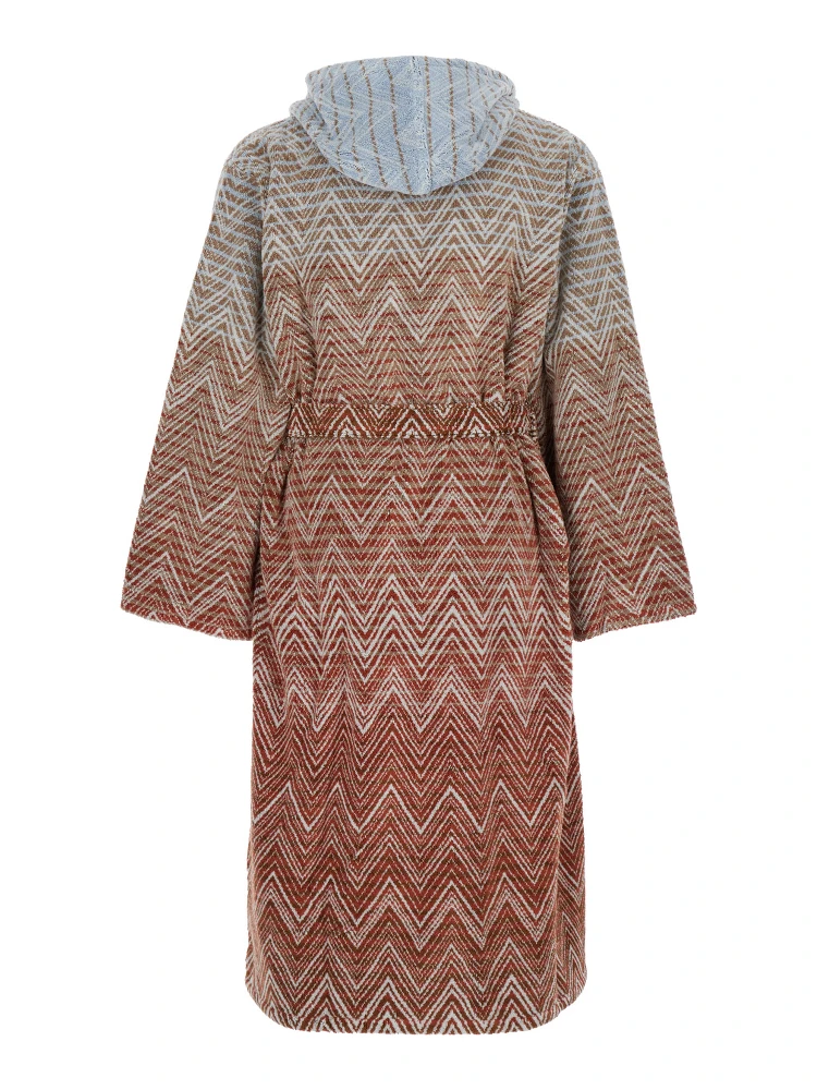 Stone Red Bathrobe with Hood and All-Over ZigZag Motif in Cotton Home