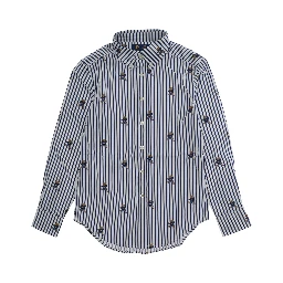 Blue Shirt with All-Over Striped Motif and Bear Print in Cotton Boy