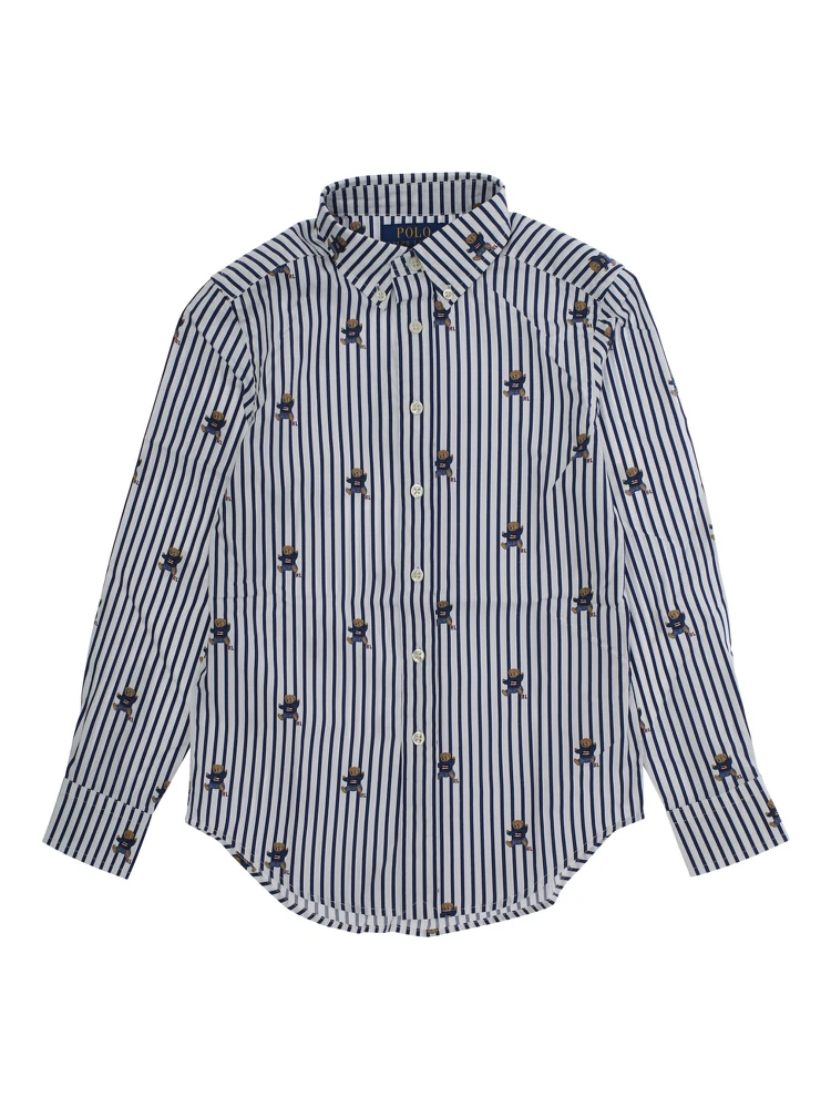 Blue Shirt with All-Over Striped Motif and Bear Print in Cotton Boy