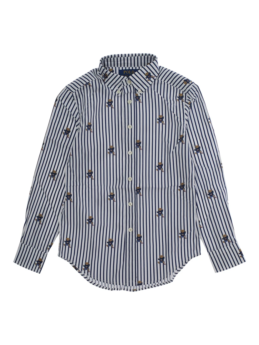 Blue Shirt with All-Over Striped Motif and Bear Print in Cotton Boy